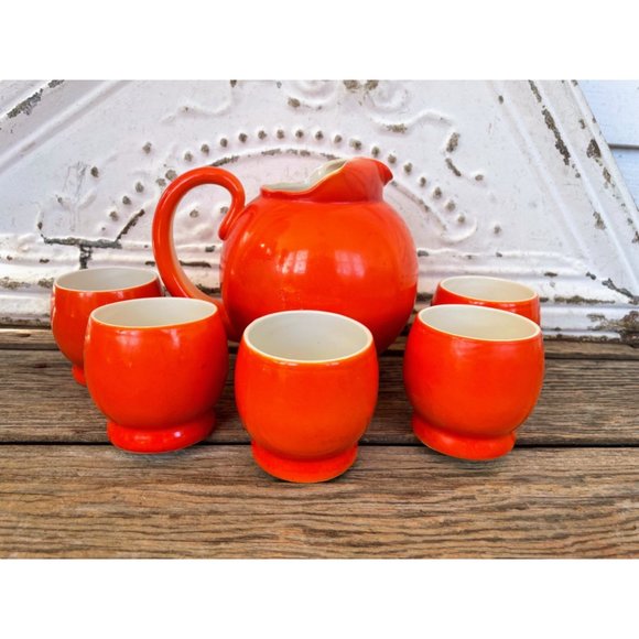 Vintage MCM 1960s Ceramic Orange Ball Pitcher With 5 Glasses set - Picture 1 of 15